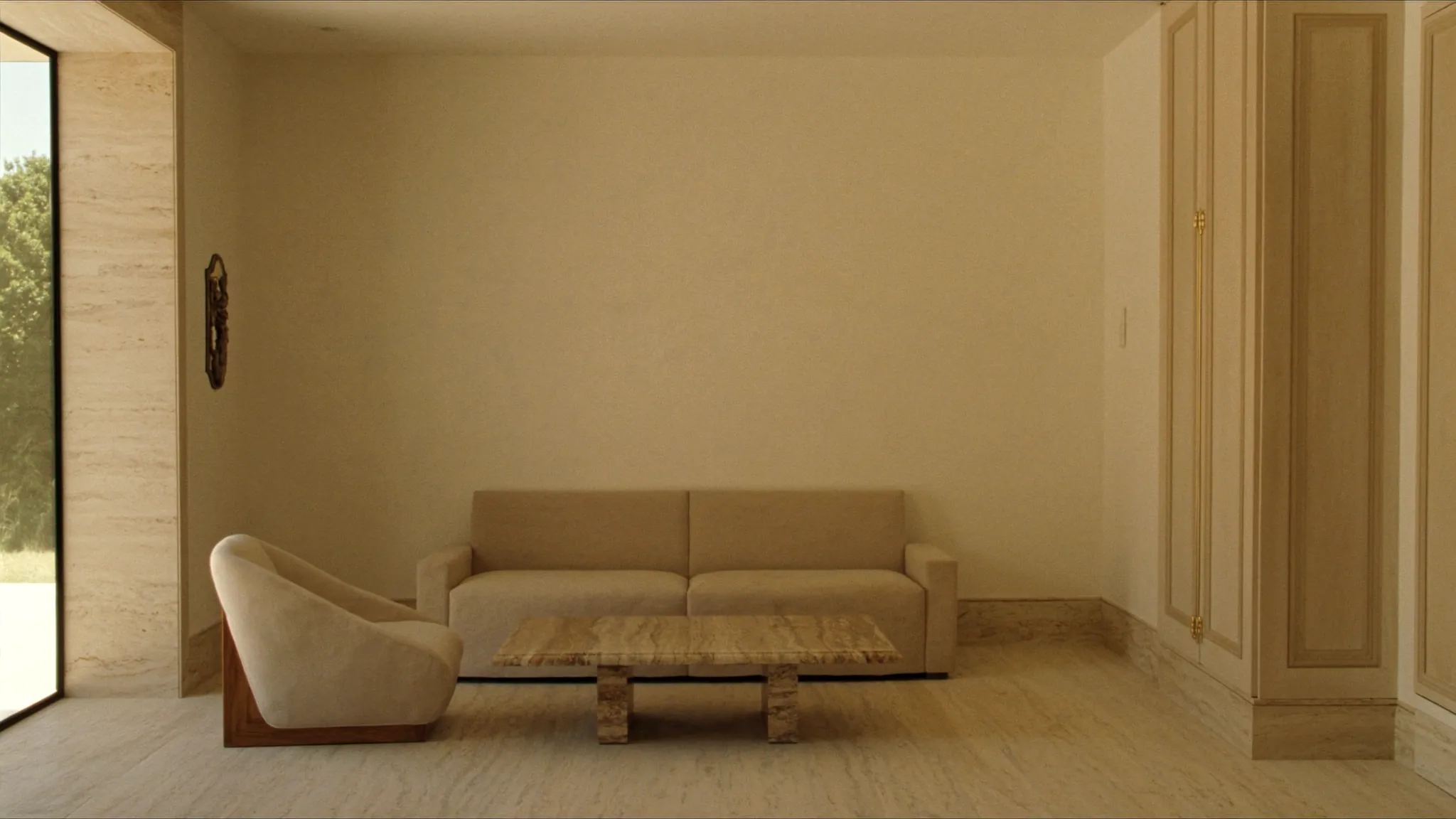 A serene private salon in warm limestone, oak, and linen with soft daylight.