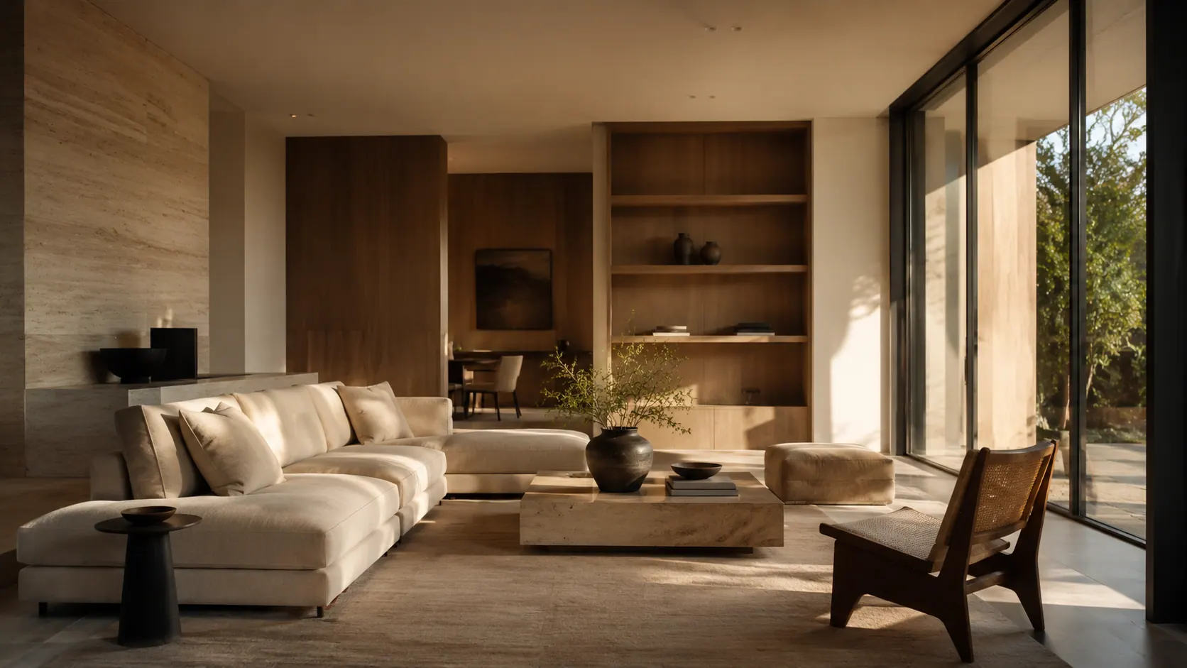 A serene, sunlit modern living room in warm travertine, oak, and linen.